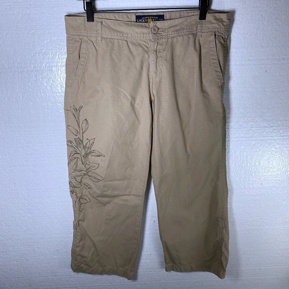 Lucky Brand Women's Size 10 / 30 Khaki Embroidered Floral Khaki Pants Cropped - Picture 1 of 11